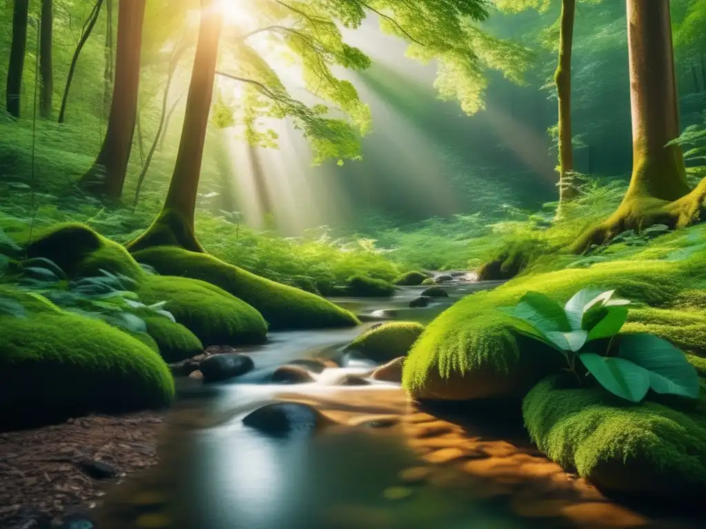 Bosque exuberante: serenidad y belleza Inversión responsable en finanzas verdes: Bosque verde exuberante con árboles altos, luz filtrándose y arroyo cristalino
