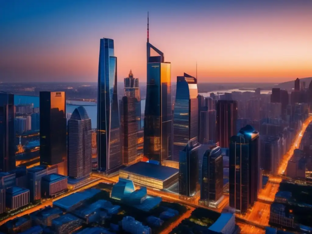Moderna ciudad al atardecer Inversión responsable para un mundo mejor, ciudad moderna al atardecer con rascacielos reflejando la luz dorada
