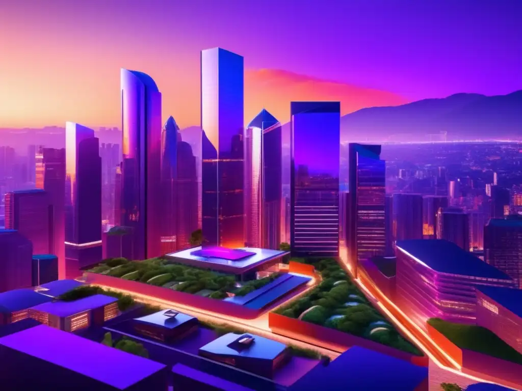 Inversión responsable transformando ciudades Inversión responsable para un mundo mejor: ciudad vibrante al atardecer, rascacielos elegantes y sostenibles, comunidad diversa y próspera