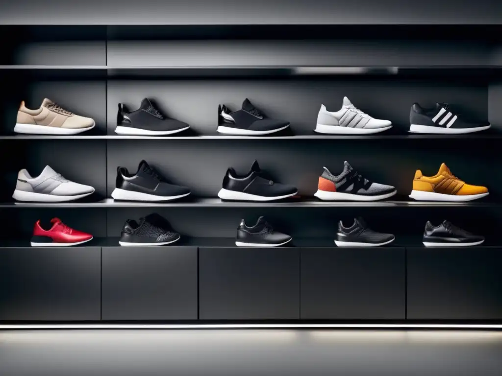Colección moderna de zapatillas elegantes Inversión en sneakers de colección: Elegante colección de sneakers de diseño moderno exhibidos en estantes minimalistas de metal negro pulido