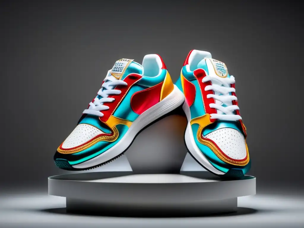 Sneakers coleccionables en pedestal blanco Inversión en sneakers de colección: detalle de zapatillas con colores vibrantes y diseño único en pedestal blanco