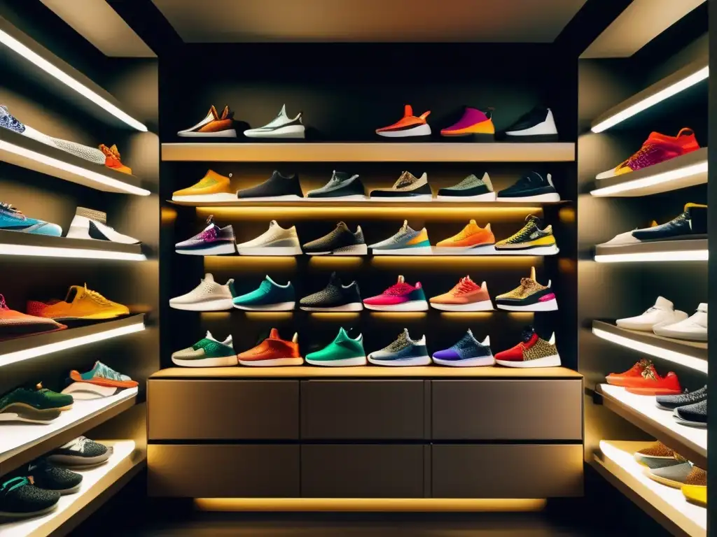 Colección exclusiva de zapatillas de lujo Inversión en sneakers de colección, exhibición de zapatillas exclusivas en un moderno armario iluminado con estilo