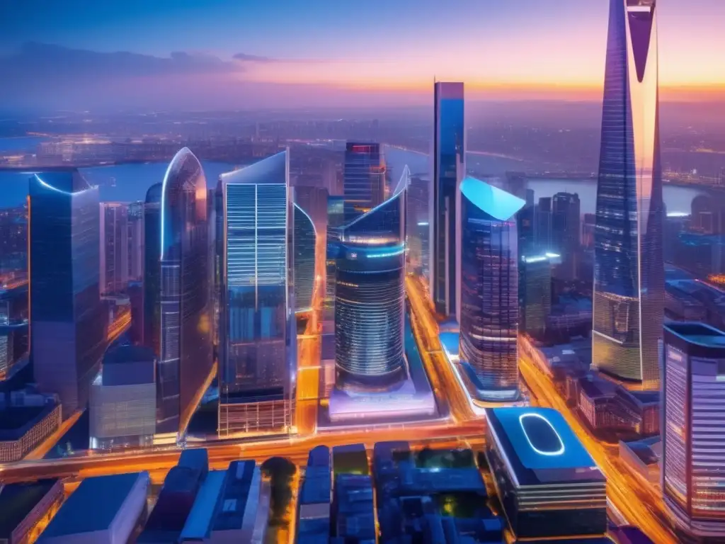 Ciudad moderna al atardecer: energía y oportunidad Inversión en startups con poco capital: Ciudad moderna y vibrante con rascacielos futuristas