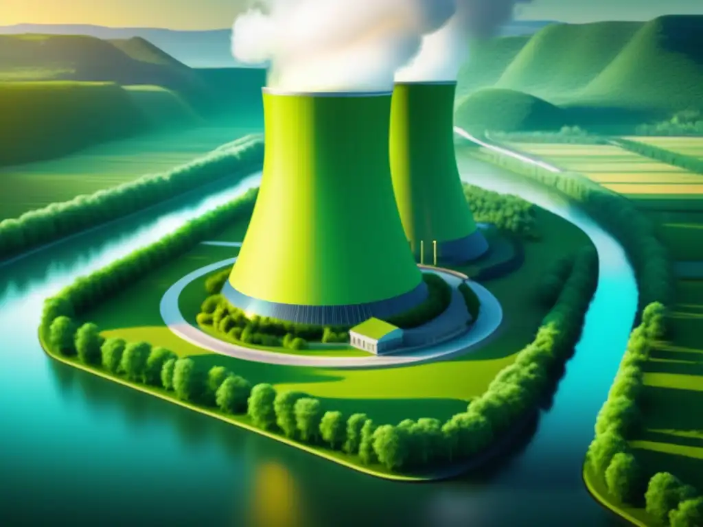 Energía nuclear y naturaleza en armonía Inversión en uranio para energía limpia: planta nuclear moderna y paisaje verde exudan eficiencia, innovación y beneficios ambientales