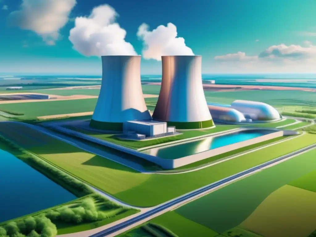 Planta nuclear futurista en paisaje verde Inversión en uranio para energía limpia: planta nuclear futurista en un paisaje verde con cielo azul