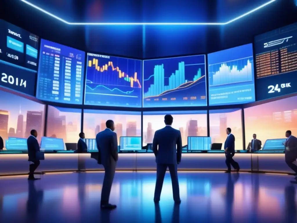 Traders en la bolsa de valores Inversión en uranio para energía limpia en vibrante escena bursátil con traders, gráficos holográficos y tecnología avanzada