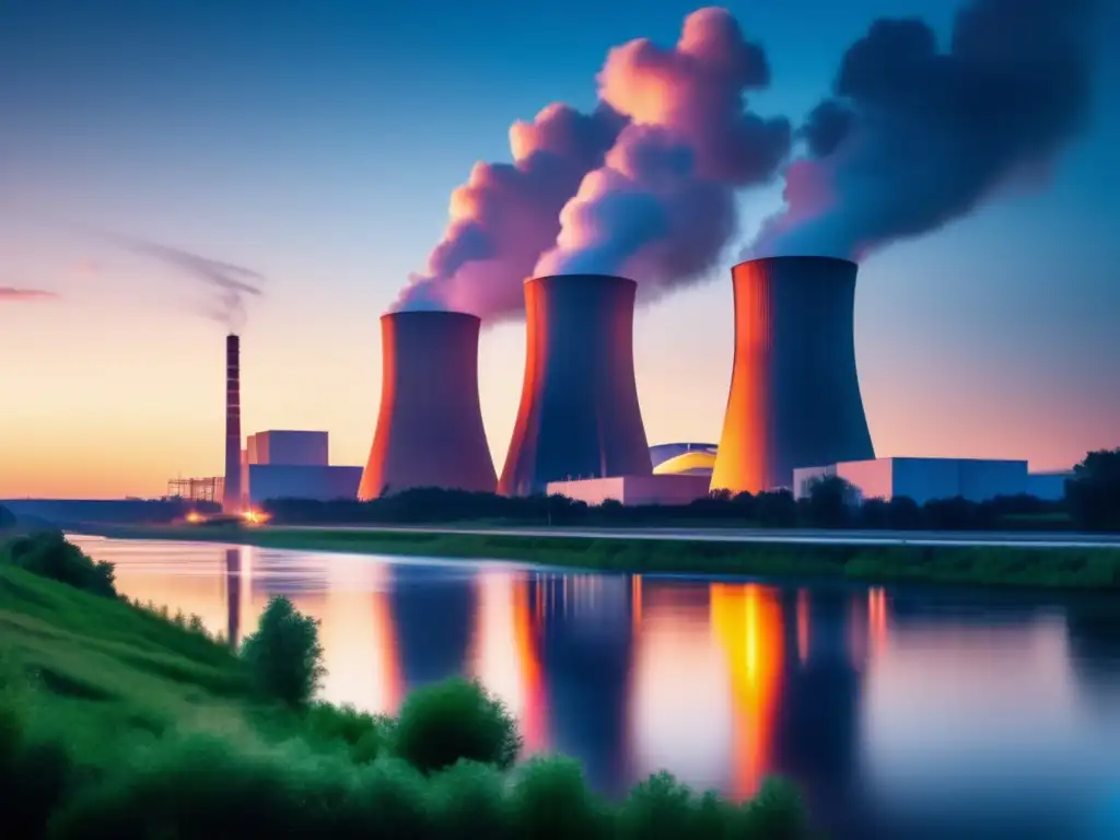 Central nuclear moderna al atardecer Inversión en uranio para energía limpia en planta nuclear moderna al atardecer
