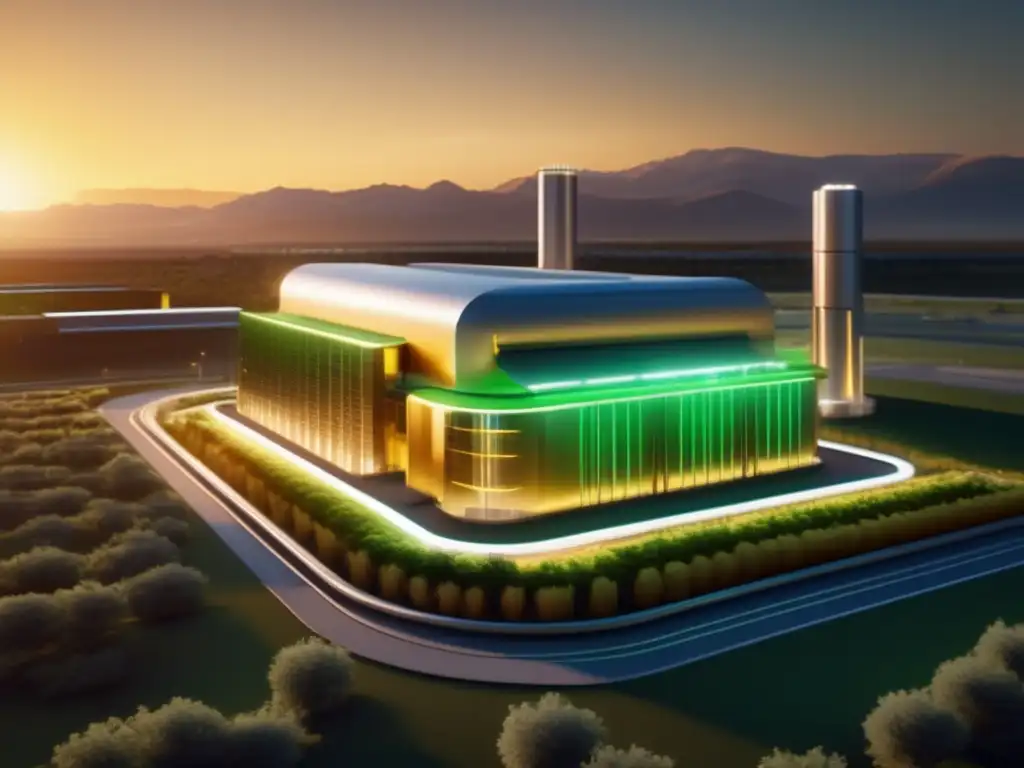 Planta energética futurista iluminada por el sol Inversión en uranio para energía limpia: planta futurista de energía con tecnología avanzada y naturaleza en armonía