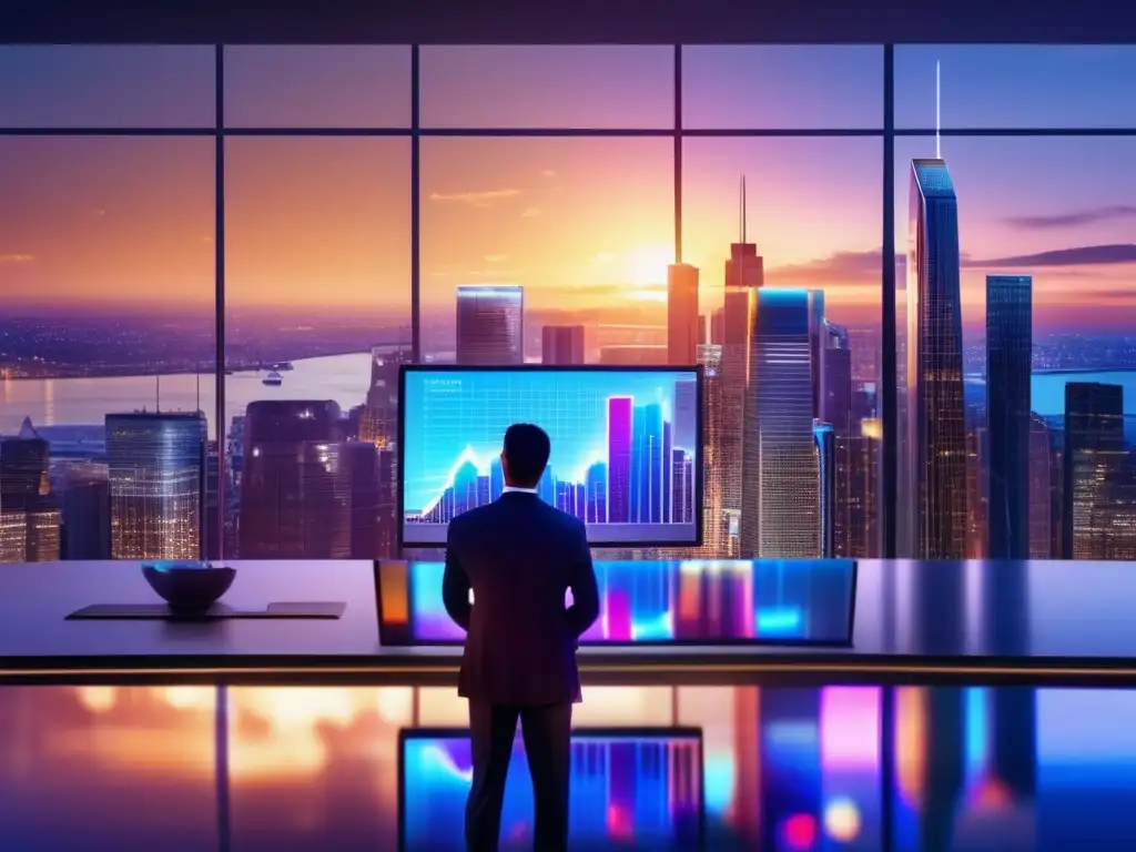 Skyline financiero moderno al atardecer con inversor analizando gráficos Inversión con ventajas fiscales en ETFs