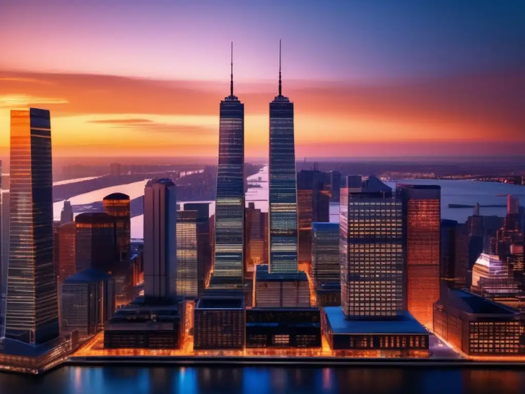 Rascacielos financieros al atardecer Inversiones en acciones financieras: mitos desmentidos - Imagen de un moderno skyline financiero al atardecer con rascacielos iluminados por el sol