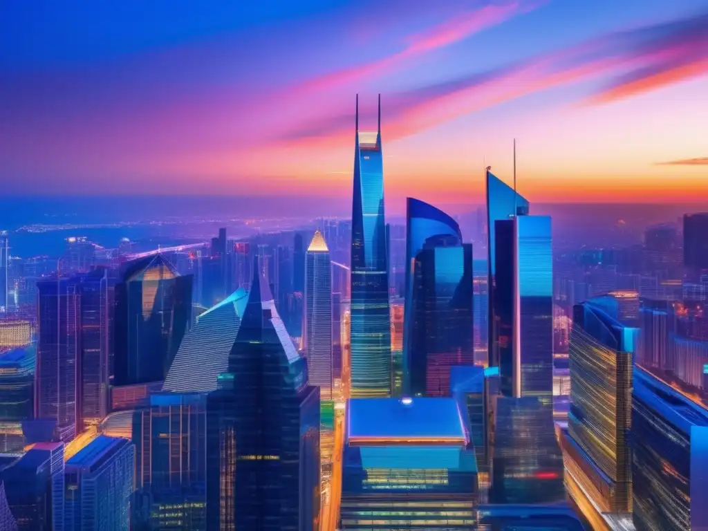Skyline moderno iluminado por luces vibrantes Inversiones en acciones financieras: mitos desmentidos - Rascacielos iluminados en vibrantes colores, símbolo de progreso y confianza
