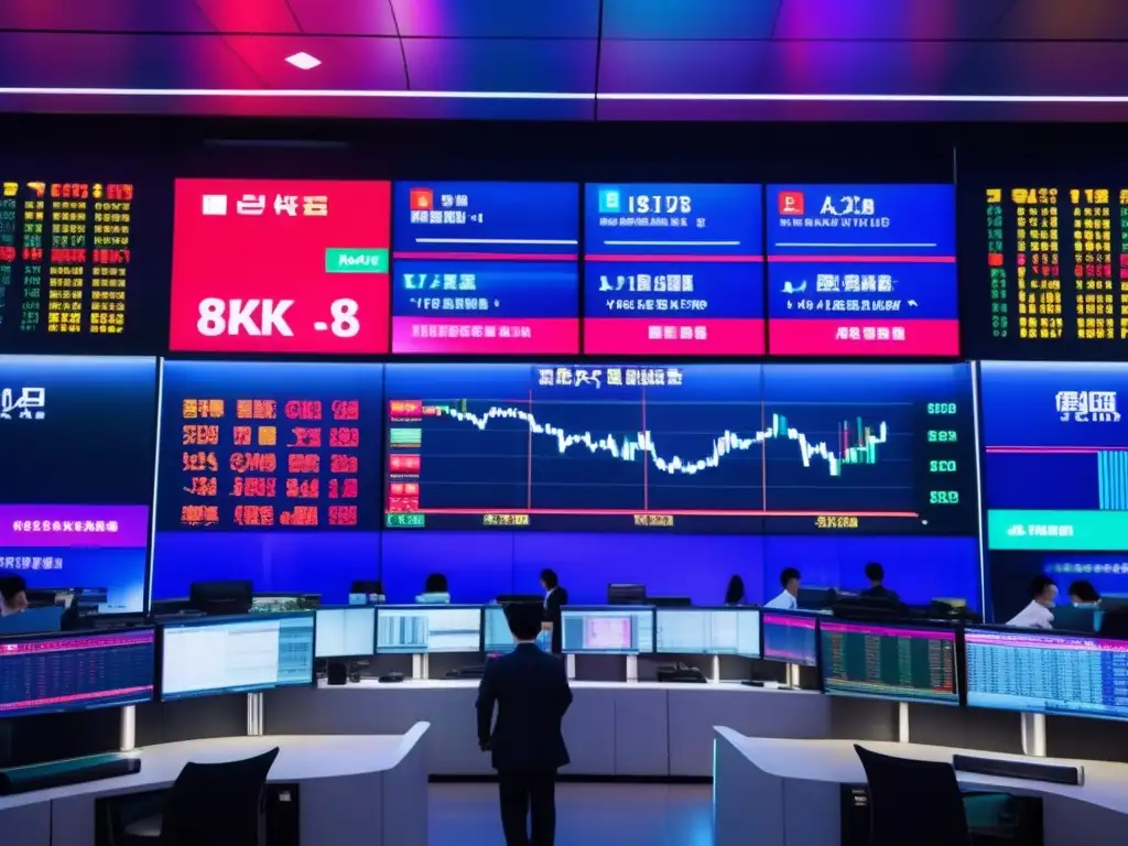 Piso de bolsa chino con traders y pantallas de tecnología Inversiones en acciones tecnológicas chinas: piso de bolsa chino con traders, pantallas de alta tecnología y vibrante ambiente bursátil