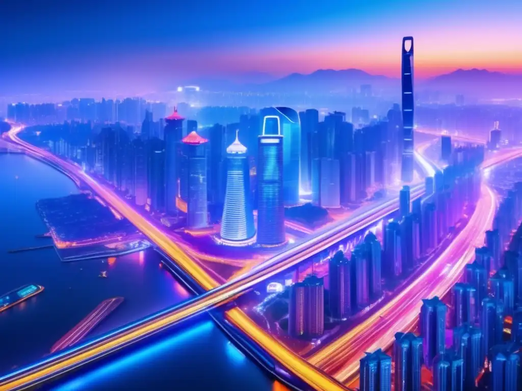 Ciudad futurista en China Inversiones en acciones tecnológicas chinas: Ciudad China futurista con rascacielos, trenes de alta velocidad y tecnologías vanguardistas