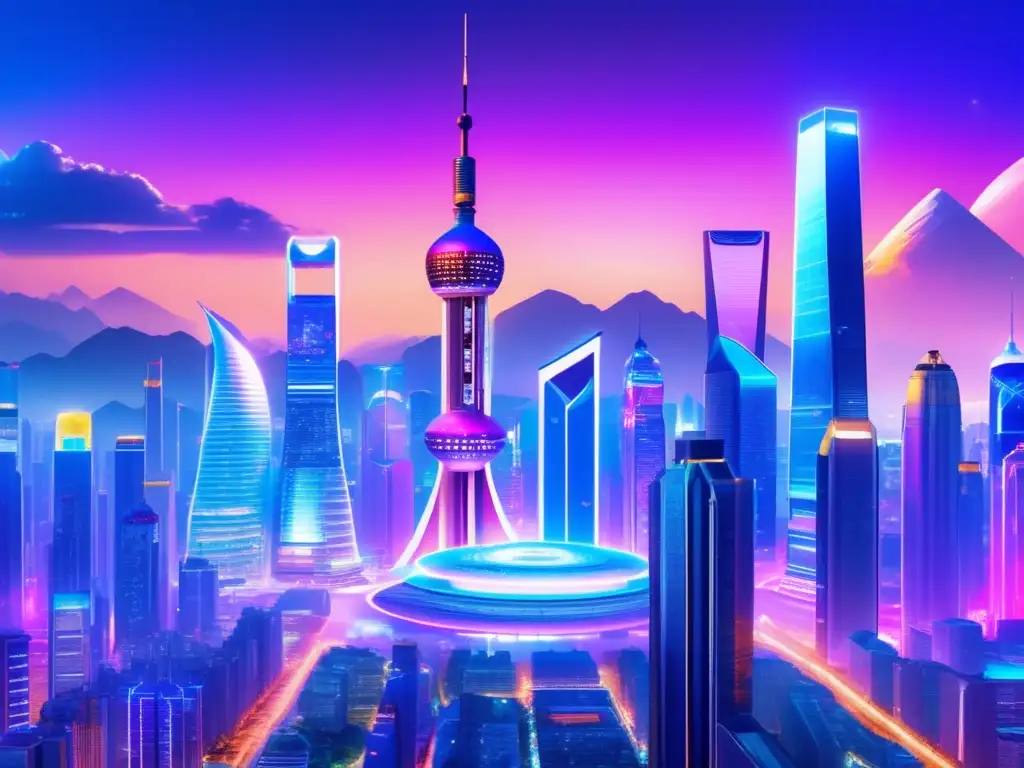 Futuroso paisaje urbano chino Inversiones en acciones tecnológicas chinas: Futurista ciudad con rascacielos de vidrio y metal, anuncios holográficos y tecnología avanzada