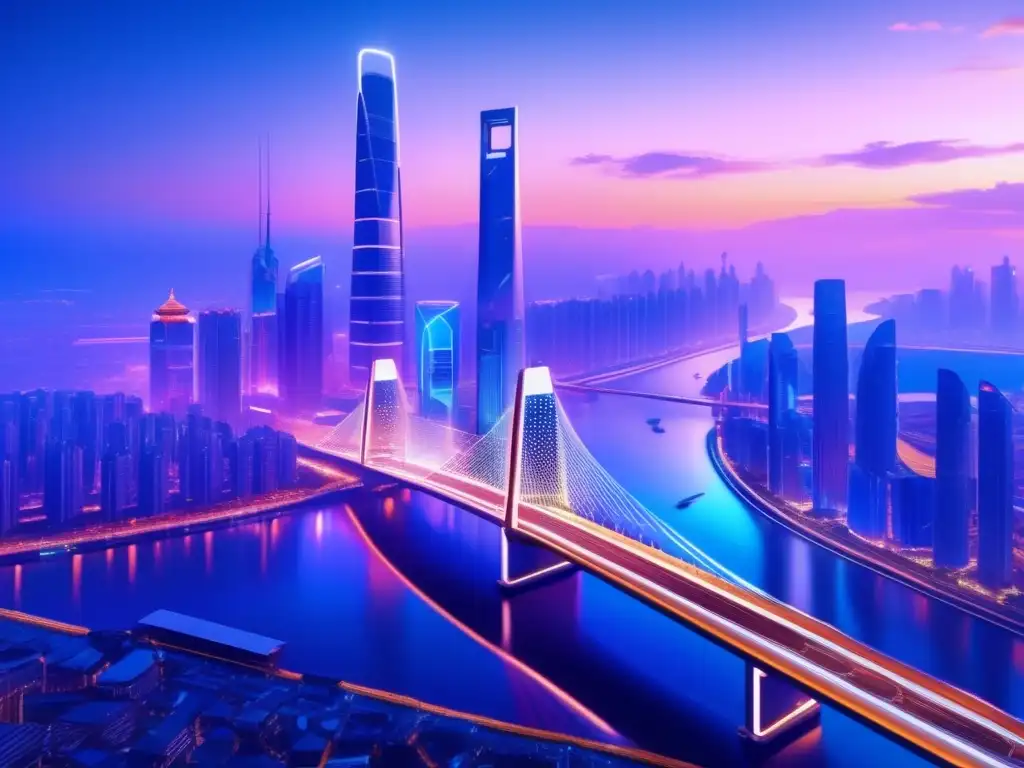 Futurista ciudad china en crecimiento Inversiones en acciones tecnológicas chinas: Futurista ciudad con rascacielos, puentes iluminados y profesionales en discusiones animadas