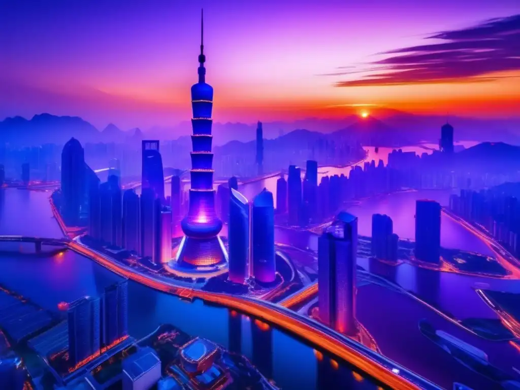 Ciudad china moderna y vibrante Inversiones en acciones tecnológicas chinas: Imagen impactante de una ciudad china, con rascacielos futuristas y vibrante tecnología