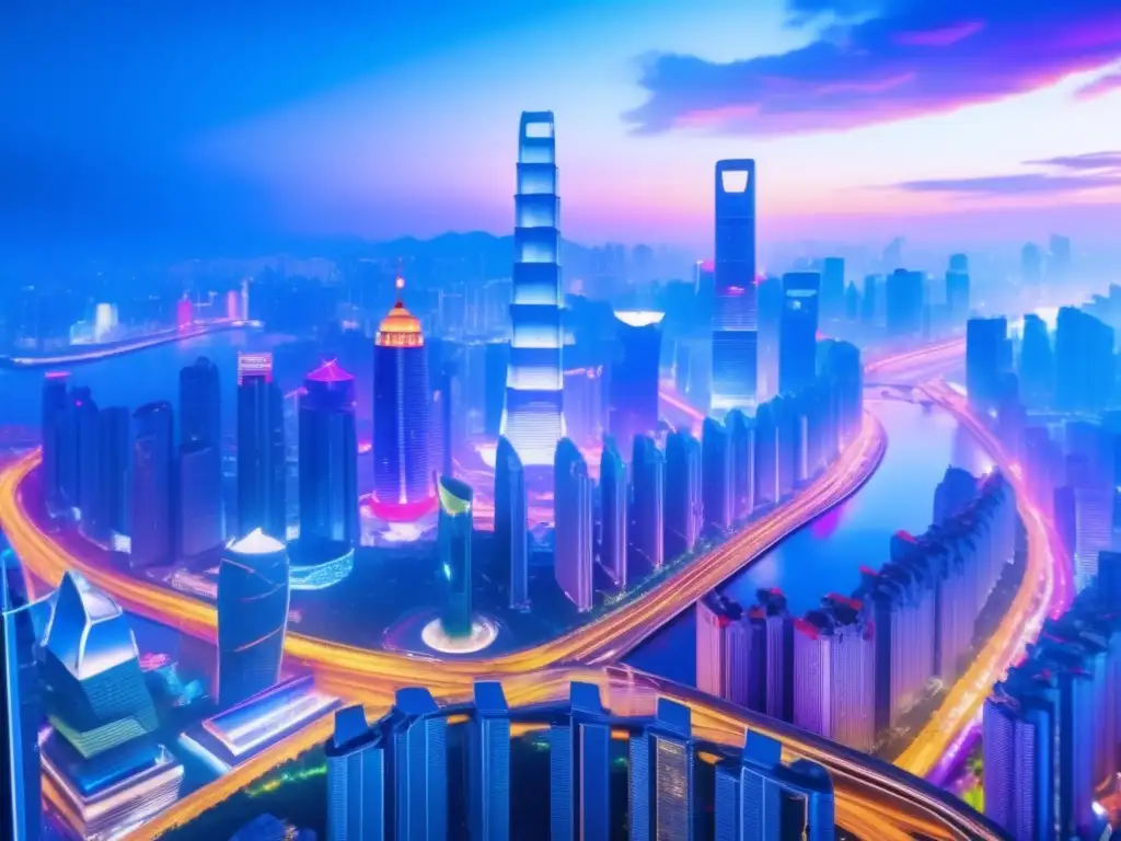Moderna ciudad tecnológica de China Inversiones en acciones tecnológicas chinas: Una ciudad vibrante y futurista en China, reflejo del progreso y la innovación