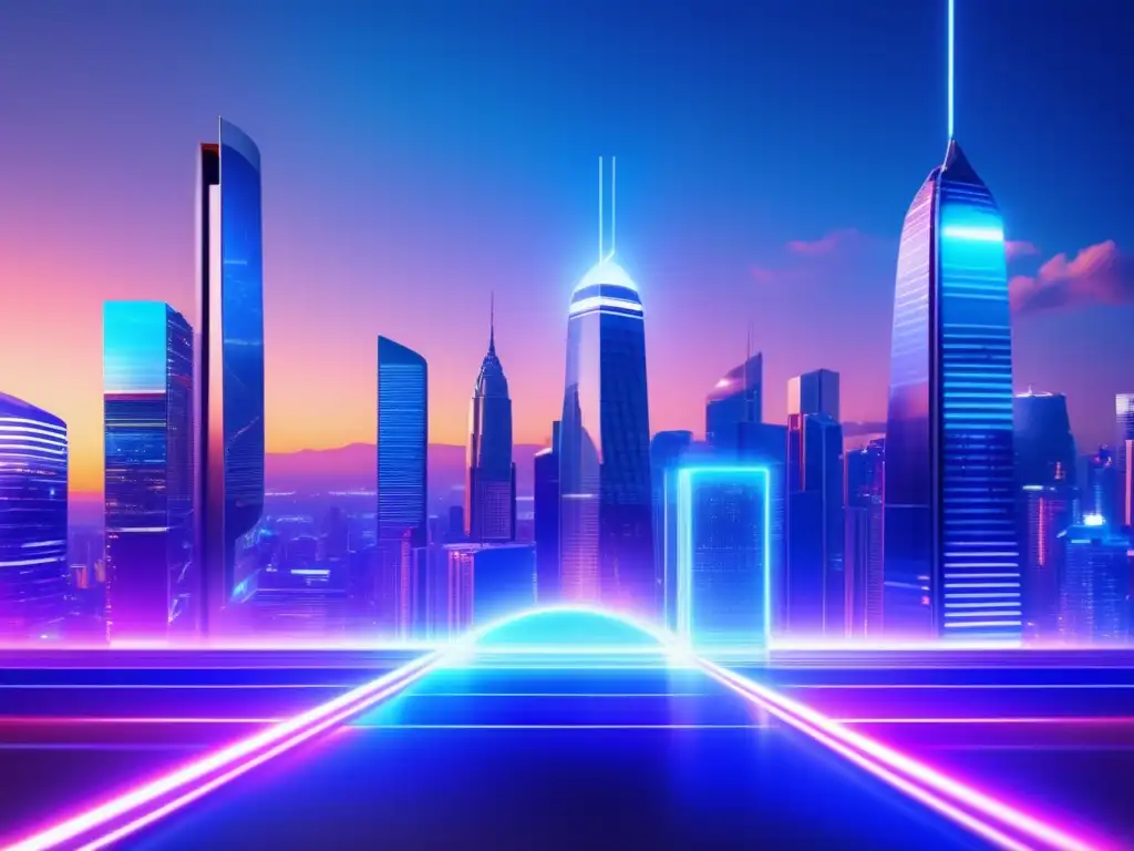 Inversión tecnológica de vanguardia Inversiones en acciones tecnológicas rentables: Escena futurista con rascacielos brillantes y pantallas digitales mostrando datos en tiempo real