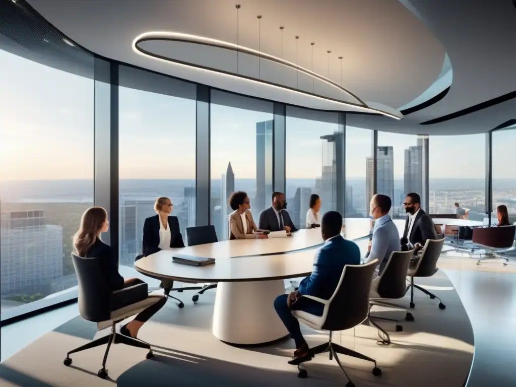 Oficina moderna con vista panorámica de una ciudad en movimiento Inversiones en acciones tecnológicas rentables en una moderna oficina con vista panorámica a la ciudad
