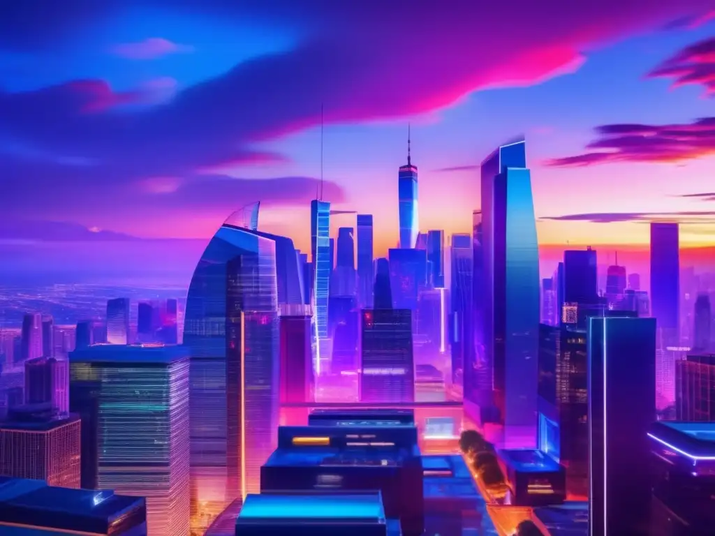 Ciudad futurista con rascacielos y profesionales Inversiones en acciones tecnológicas rentables en una vibrante ciudad futurista al atardecer
