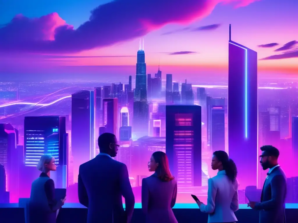 Futurista ciudad nocturna con rascacielos y luces neón Inversiones activas en la era digital: ciudad futurista, rascacielos, luces neón, profesionales en conversación
