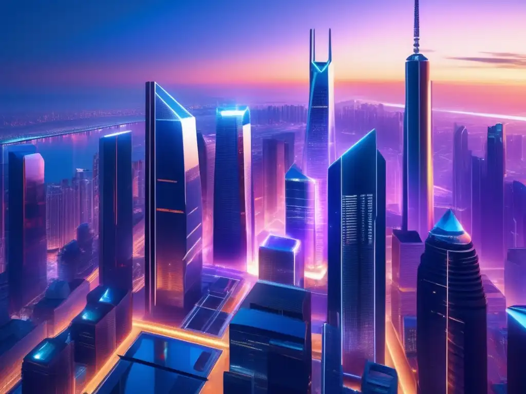 Futurista ciudad nocturna con rascacielos iluminados Inversiones activas en la era digital: ciudad futurista con rascacielos, tecnología avanzada y vibrantes colores