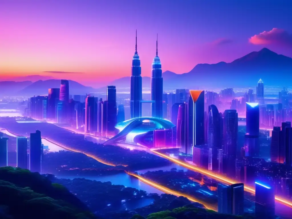 Ciudad futurista con luces neón y tecnología Inversiones activas en la era digital: ciudad futurista con luces neón, arquitectura moderna, naturaleza y tecnología avanzada
