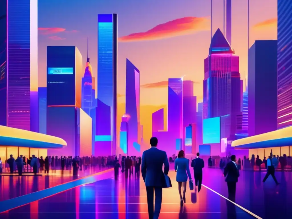 Ciudad moderna al atardecer con rascacielos y datos de la bolsa Inversiones activas en la era digital: ciudad moderna con rascacielos, pantallas digitales y gente activa