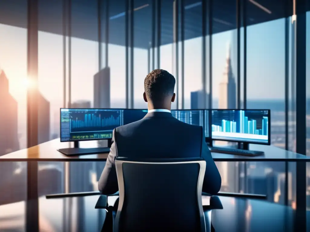 Empresario analizando datos de bolsa en oficina moderna Inversiones activas en la era digital: empresario analizando datos de mercado en oficina moderna