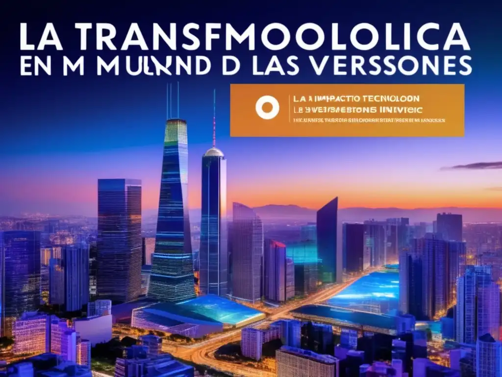 Transformación tecnológica en inversiones Inversiones activas en la era digital: Futurista ciudad con rascacielos, pantallas digitales, tecnología avanzada y datos financieros