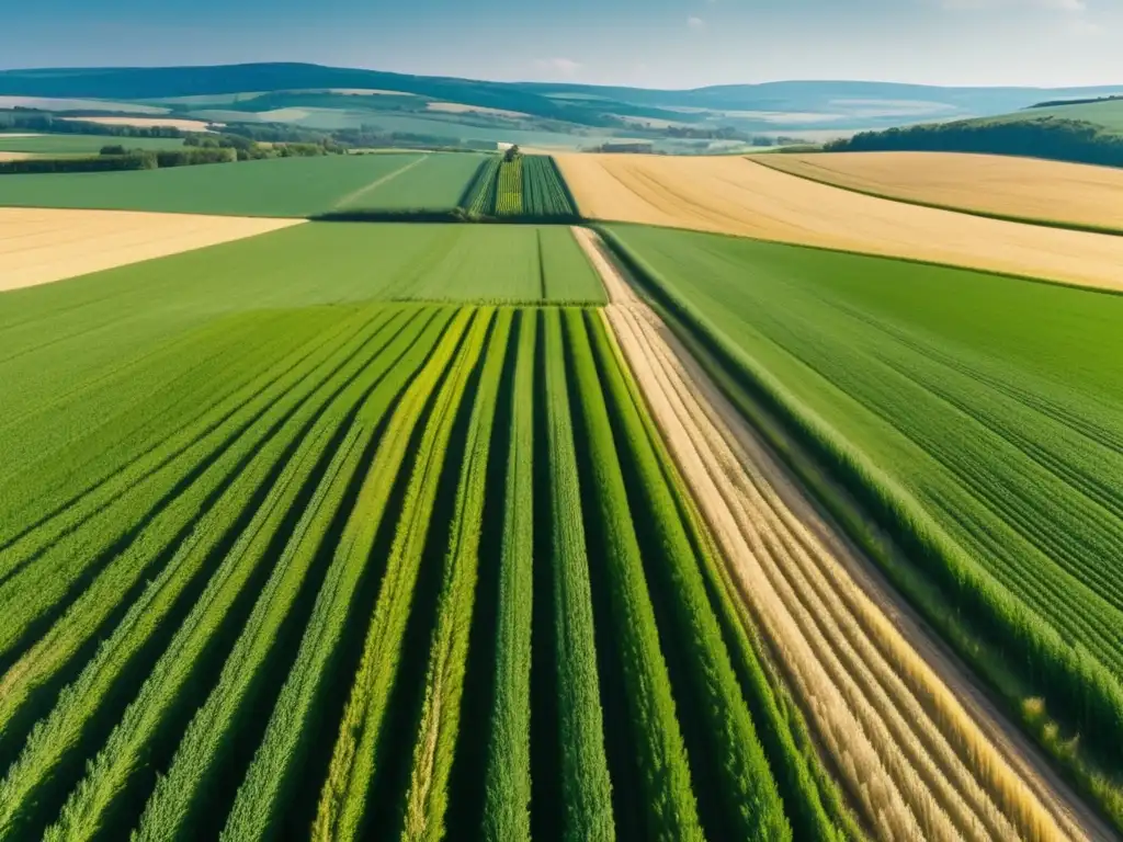 Paisaje agrícola europeo, campos de trigo dorados Inversiones en agricultura y alimentación en Europa: paisaje agrícola europeo con campos de trigo dorado y colinas forestales