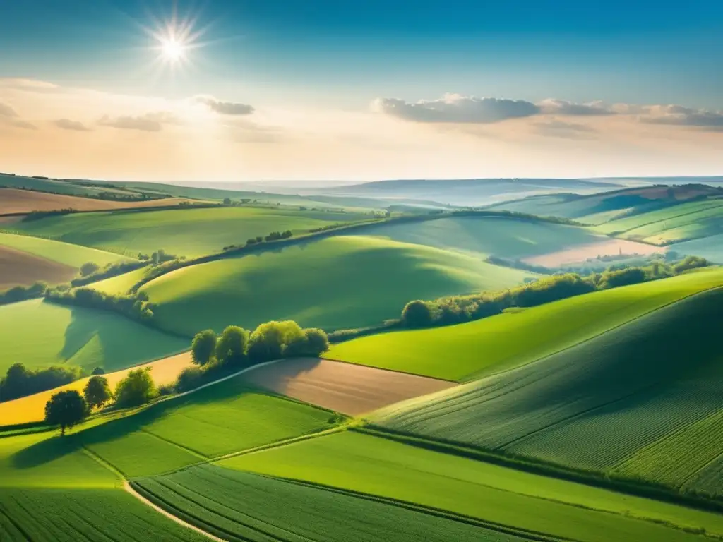 Hermoso paisaje agrícola europeo Inversiones en agricultura y alimentación en Europa: paisaje europeo de campos verdes y agricultores trabajando en armonía con la naturaleza