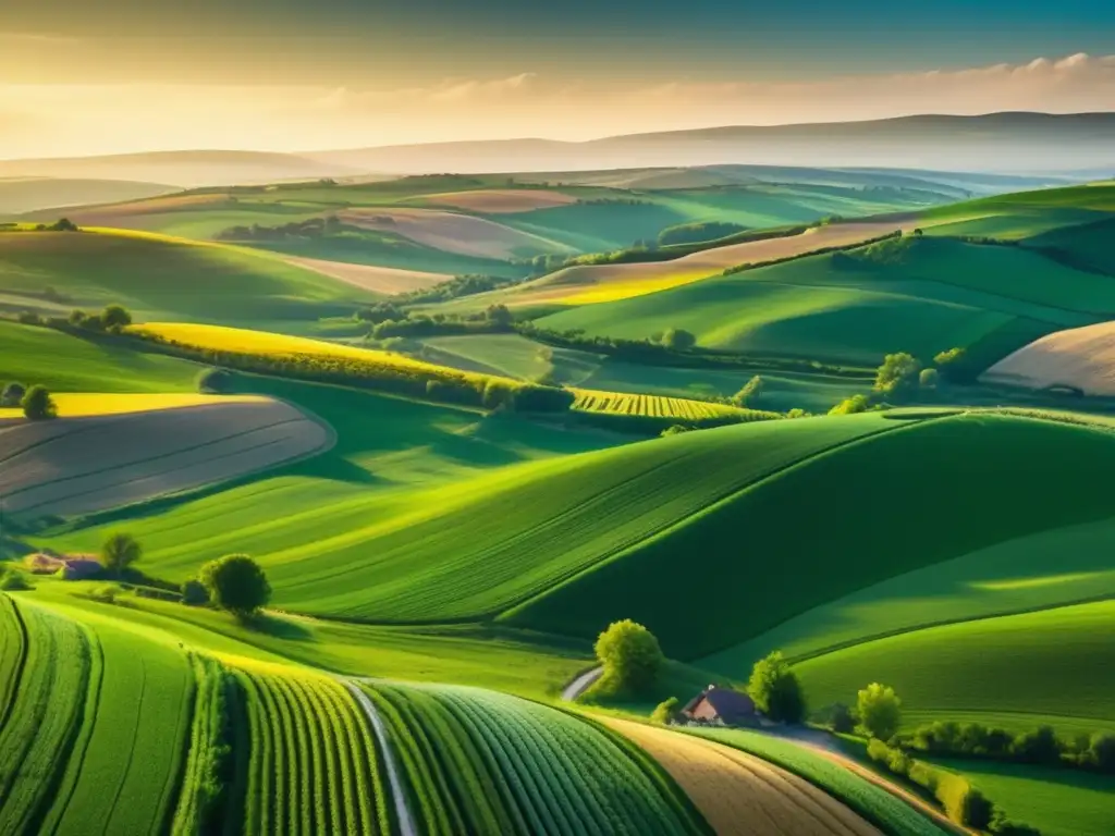 Hermoso paisaje agrícola europeo Inversiones en agricultura y alimentación en Europa: hermosa imagen de campo europeo con cultivos diversos y un agricultor trabajando