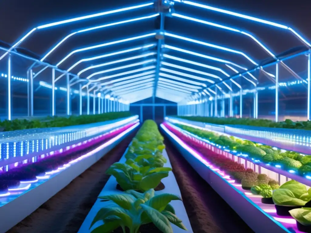 Invernadero futurista con cultivos vibrantes Inversiones en agricultura y alimentación en Europa: Un invernadero futurista lleno de cultivos prósperos, iluminado por luces LED vibrantes