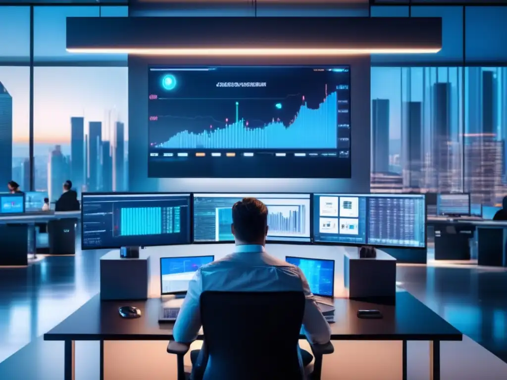 Oficina moderna con inversor analizando datos Inversiones altcoins éxito real en oficina moderna con inversor analizando datos y gráficos