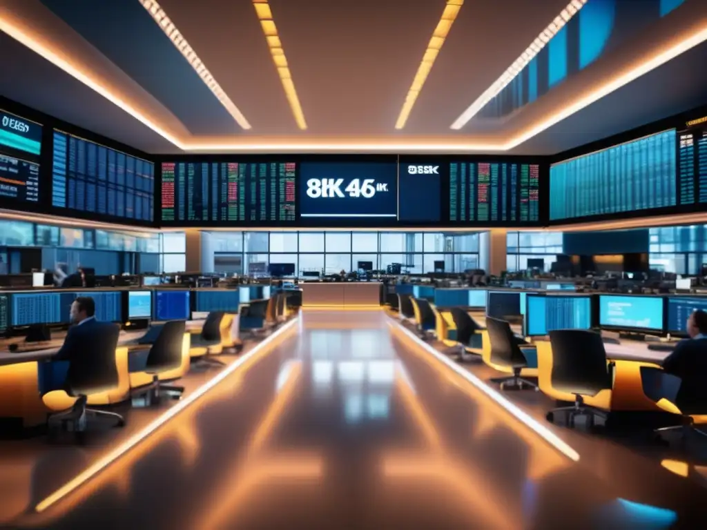 Traders en una moderna bolsa de valores Inversiones alternativas en mercados emergentes: Traders en bulliciosa bolsa de valores, pantalla digital muestra volatilidad y urgencia
