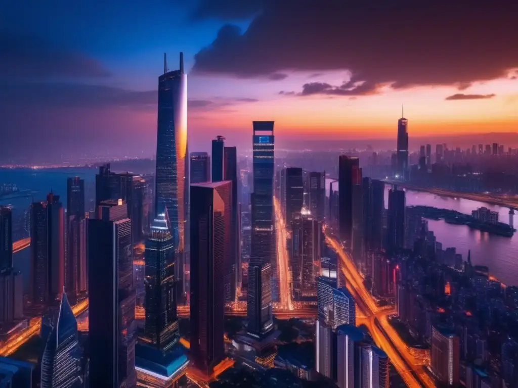 Ciudad vibrante al atardecer Inversiones alternativas en mercados emergentes: Impresionante imagen urbana al atardecer muestra horizonte moderno y vibrante economía en desarrollo