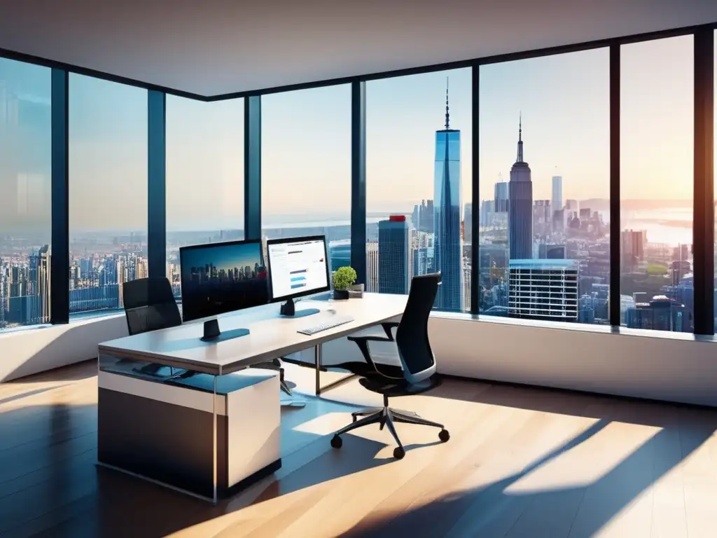 Espacio de oficina moderno con vista panorámica de la ciudad Inversiones alternativas en tiempos de incertidumbre: oficina moderna con vista panorámica y opciones de inversión