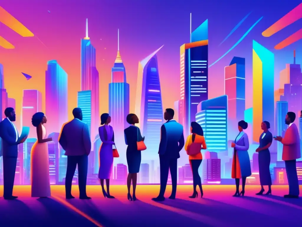 Diversificación: Oportunidades de inversión en una ciudad futurista Inversiones alternativas en tiempos de incertidumbre - Futurista ciudad con rascacielos vibrantes y diversidad de inversores