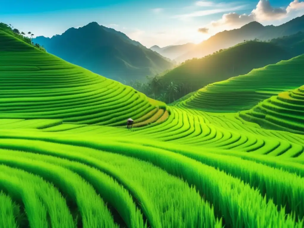 Hermoso paisaje de arrozales verdes Inversiones en arroz como oportunidad: campo de arroz verde exuberante, agricultor cuidando cultivos