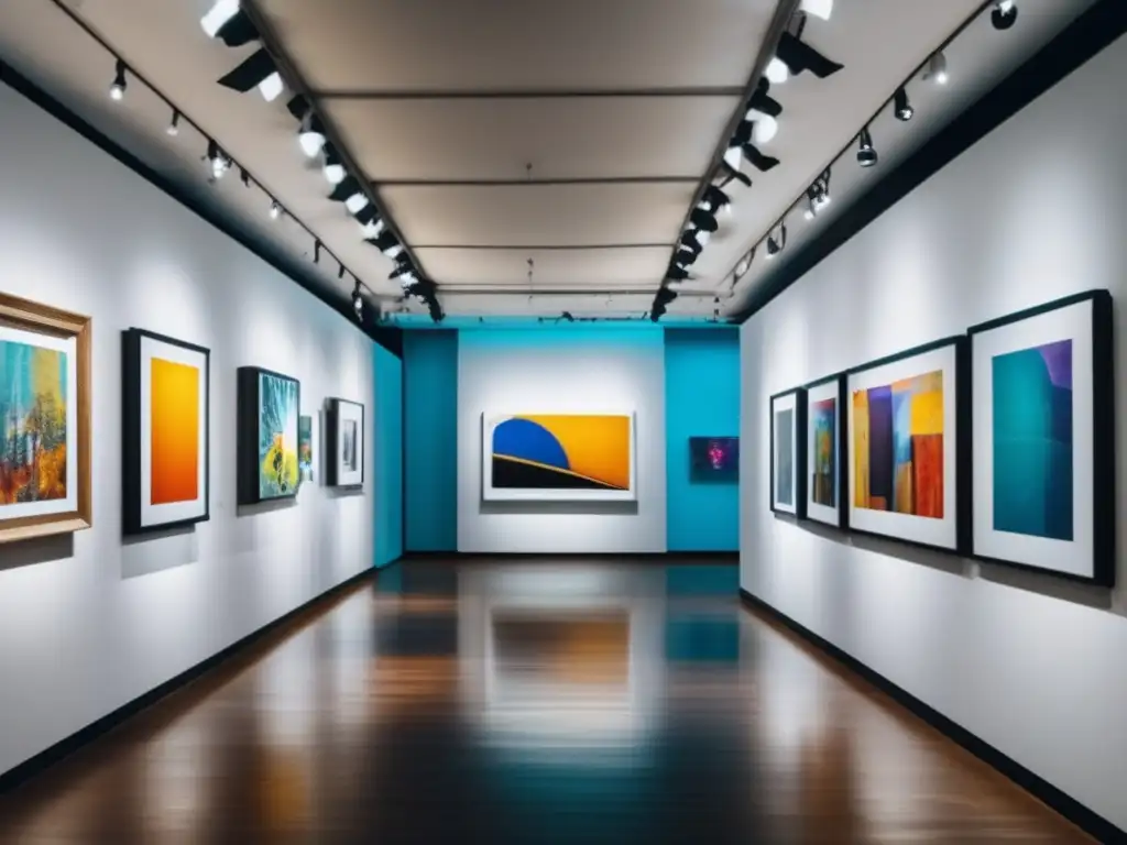 Galería de arte vibrante con obras diversas Inversiones en arte: Mitos y realidades - Galería de arte vibrante con obras diversas, iluminación moderna y oportunidades de inversión