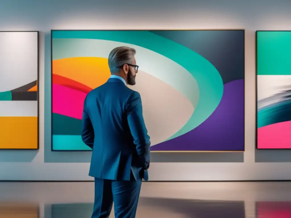 Inversión de arte: sofisticación y modernidad Inversiones en arte: Mitos y realidades - Imagen de inversor sofisticado contemplando obra de arte contemporáneo en galería minimalista