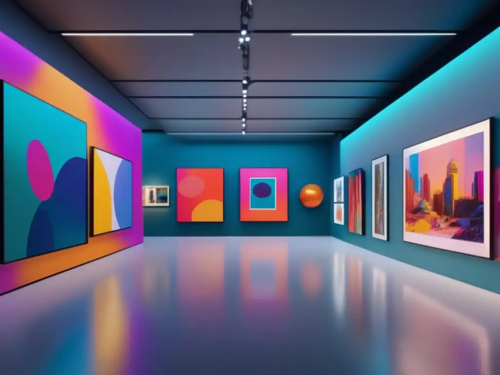 Galería de arte moderna y vibrante en 2023 Inversiones en arte 2023: Galería moderna llena de obras vibrantes, esculturas elegantes y visitantes entusiasmados