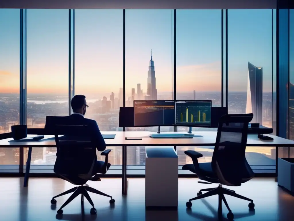 Oficina moderna con vista panorámica y tecnología avanzada Inversiones automatizadas: consejos y trucos en una moderna oficina con vista panorámica de la ciudad