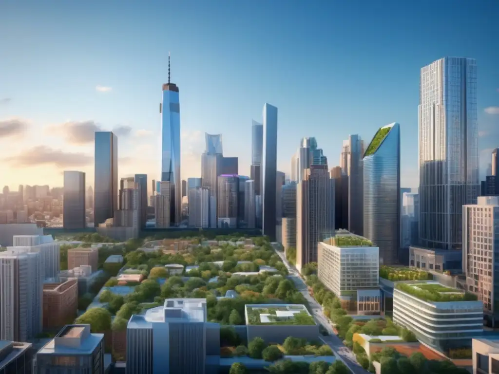 Ciudad moderna con rascacielos y vecindario vibrante Inversiones en bienes raíces: Ciudad vibrante con rascacielos modernos y vecindario urbano diverso