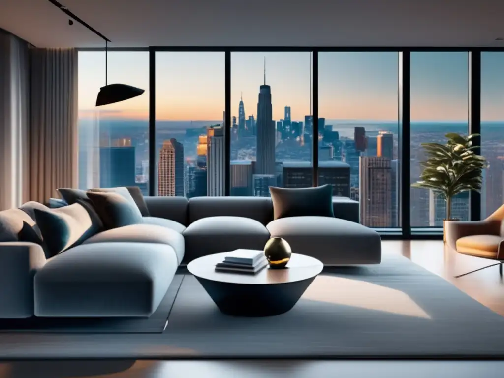 Inversión inmobiliaria pasiva de lujo Inversiones bienes raíces: sala moderna con vista panorámica de ciudad, muebles elegantes, iluminación inteligente, tranquilidad y riqueza