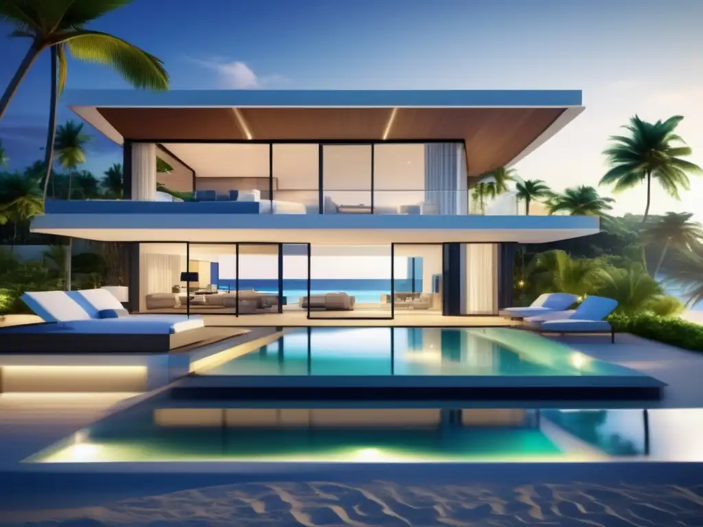 Casa de vacaciones de lujo en la playa Inversiones en bienes raíces vacacionales: Casa de lujo en la playa con vista panorámica al mar y terraza exterior amplia