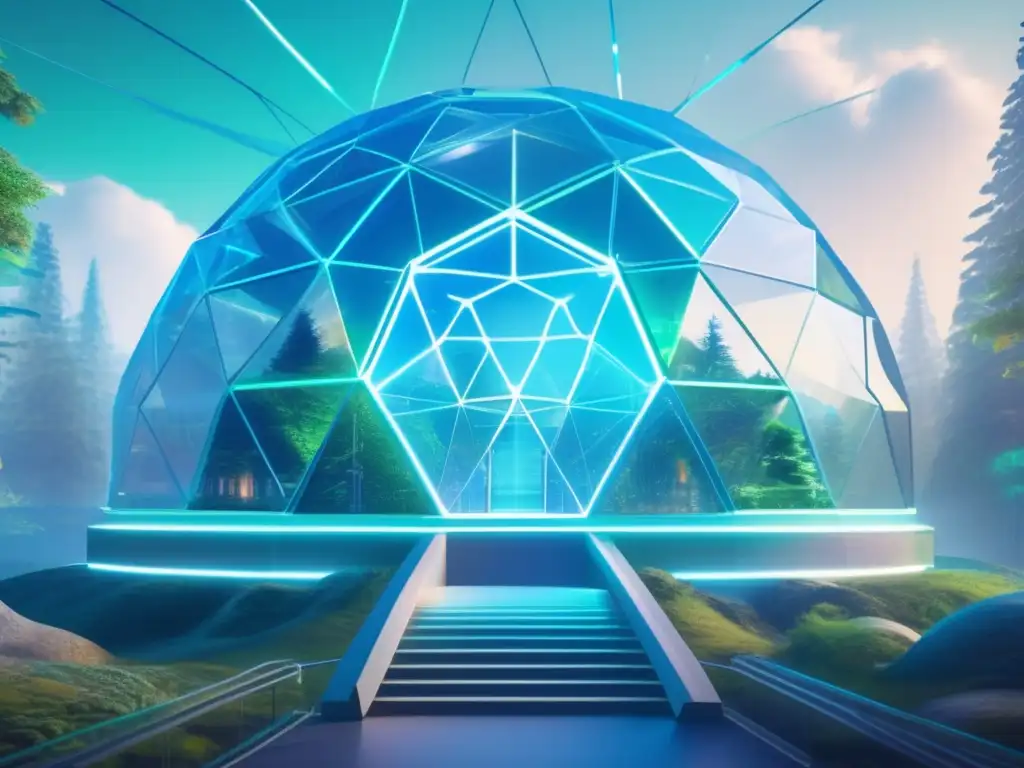 Fortaleza virtual futurista con tecnología blockchain Protección de inversiones en Blockchain: Fortaleza futurista con domo transparente, bosque denso, nodos interconectados y guardianes digitales