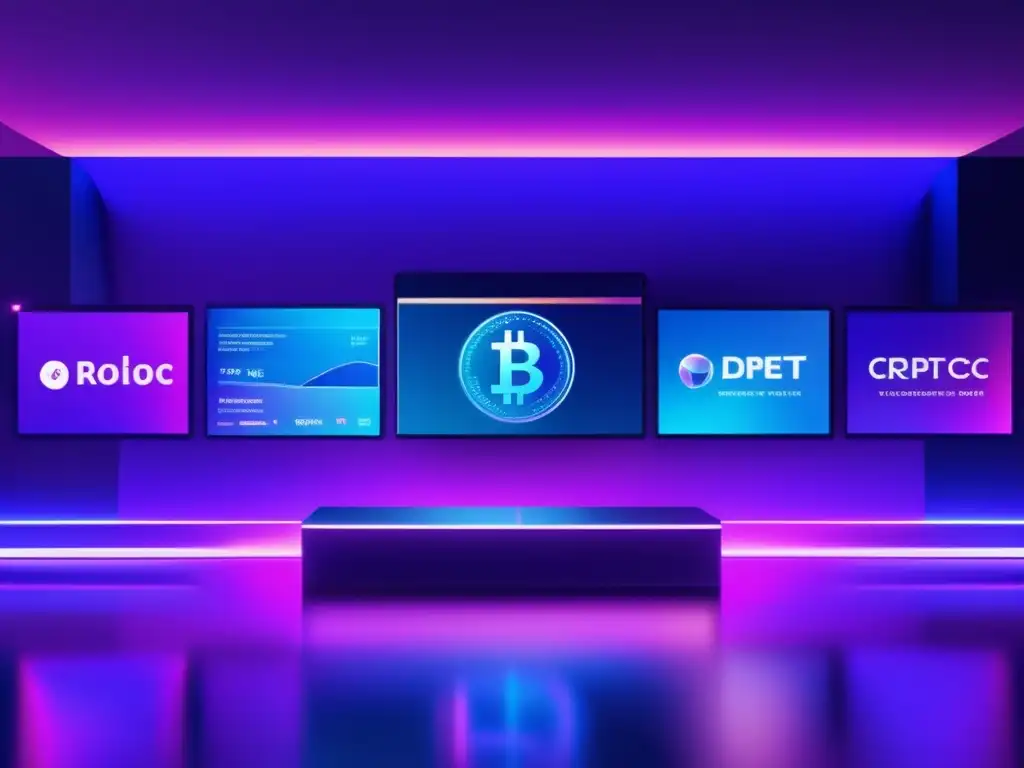 Mercado cripto futurista Guía práctica de inversiones en blockchain - Mercado digital futurista con criptomonedas flotantes y datos en tiempo real