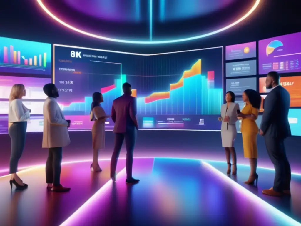 Grupo diverso en mercado de valores holográfico Inversiones en bolsa para todos: grupo diverso en discusión animada alrededor de holograma de mercado bursátil